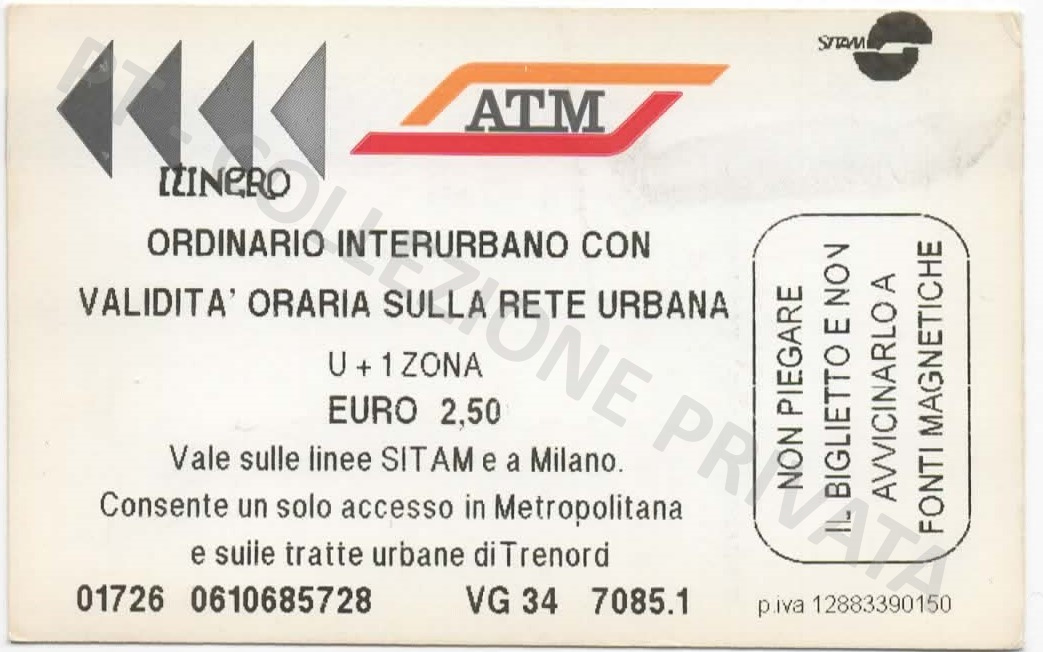 Biglietto ATM - Biglietto cumulativo U+1 zona 2,50€